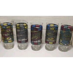Vintage 70s Beer Bar Glasses Set of 5 Stained Glass Schaefer Falstaff Pabst